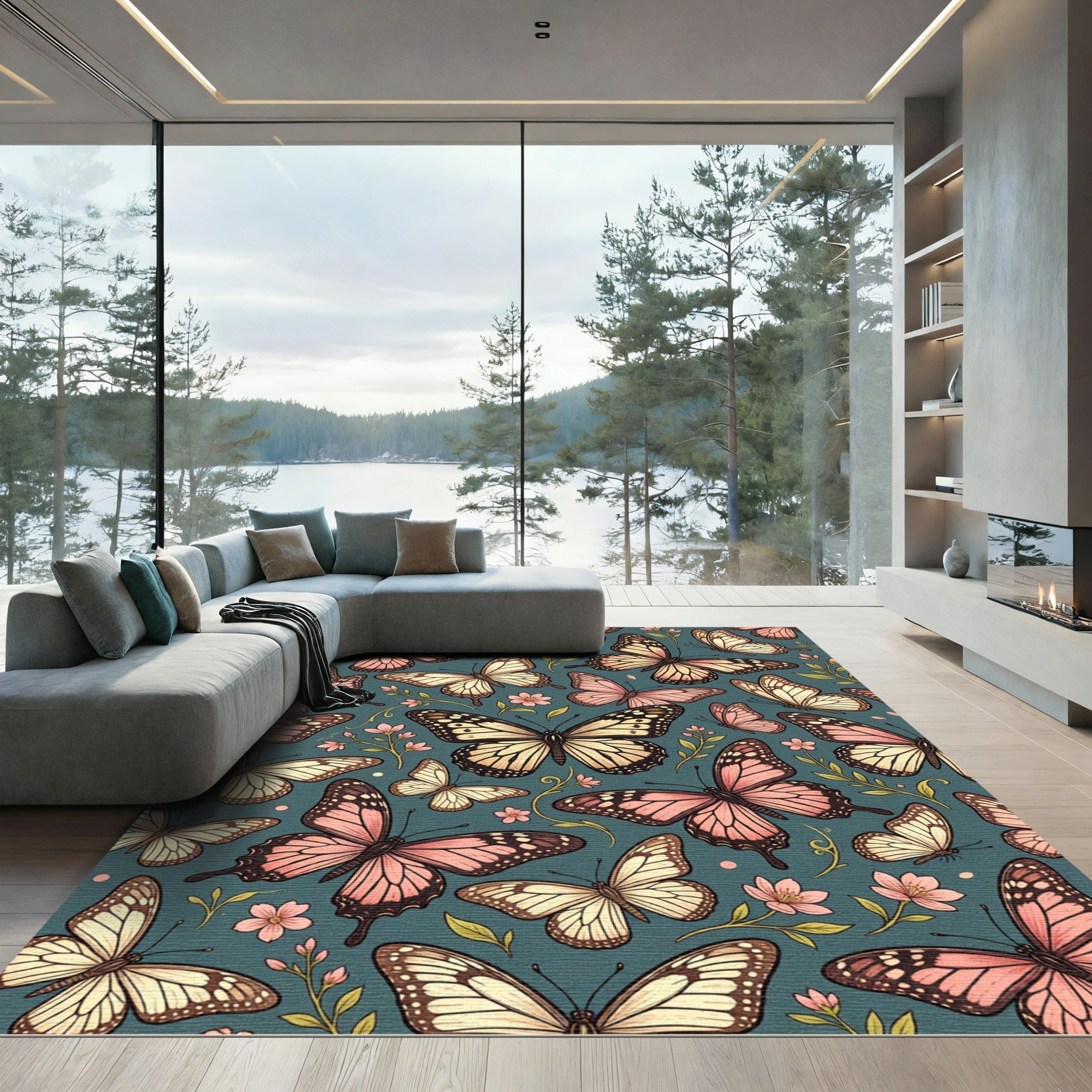 Whimsical Blush Butterfly Teal Botanical Rug