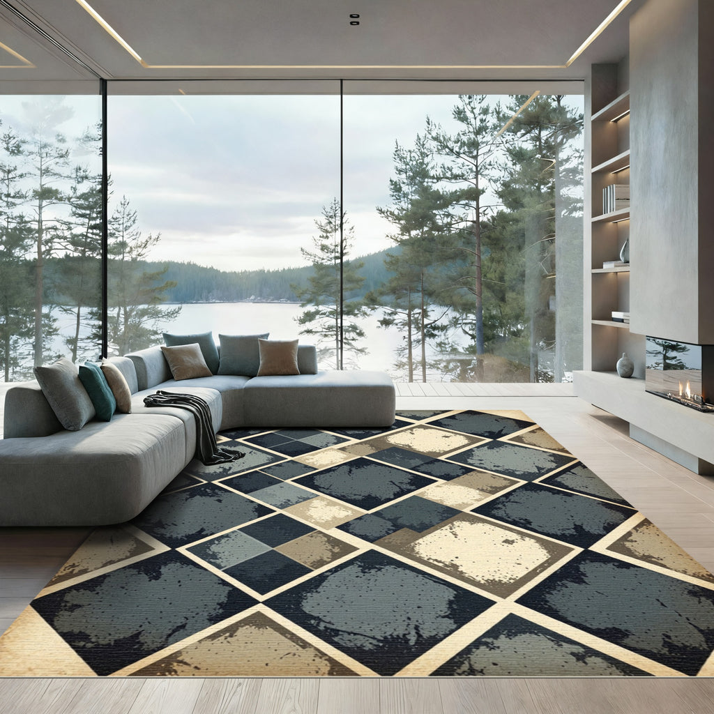 Distressed Blue Charcoal Geometric Diamond Rug