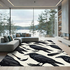 Dark Raven Ink Brush Bird Illustration Rug