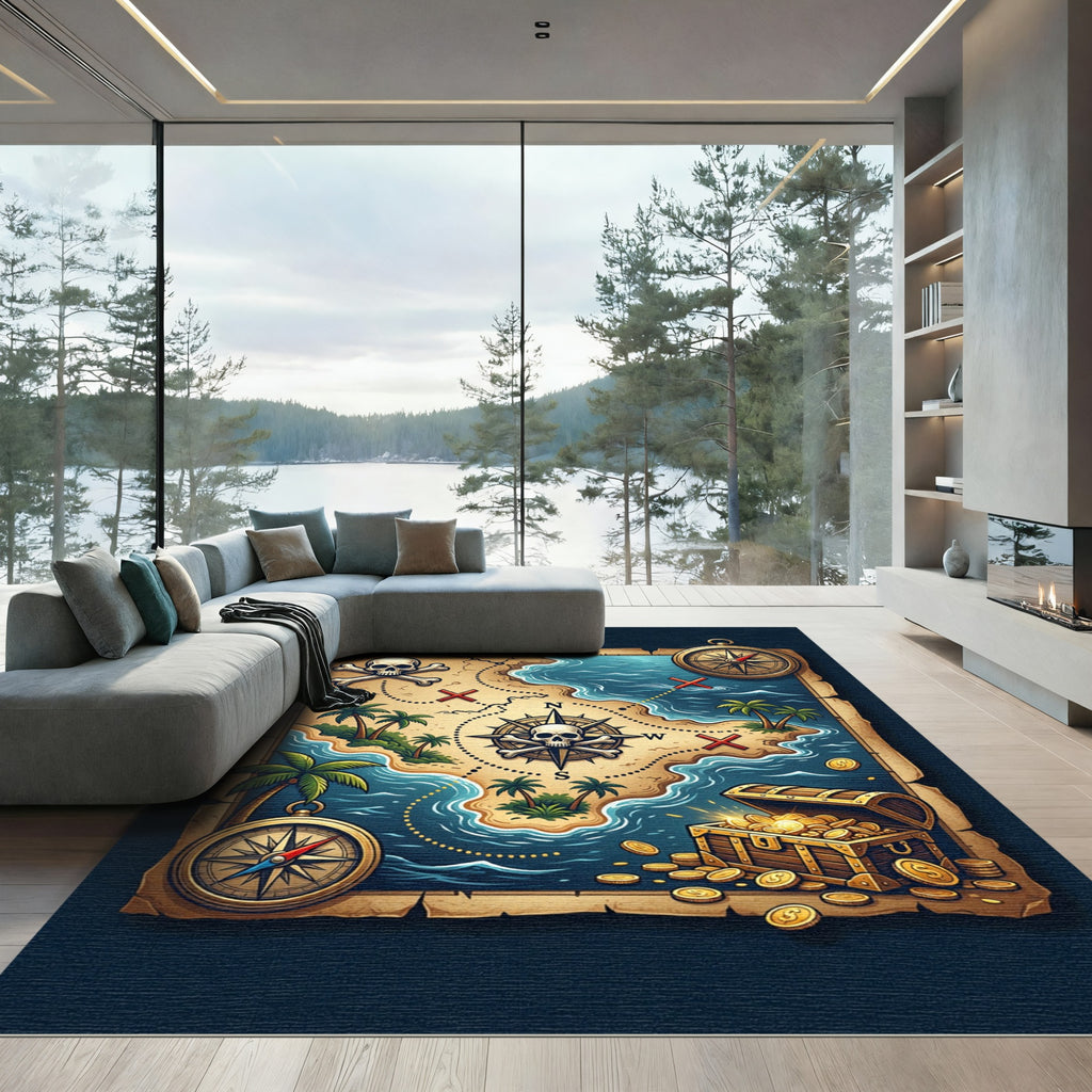 Aged Pirate Map Skull Treasure Chest Rug