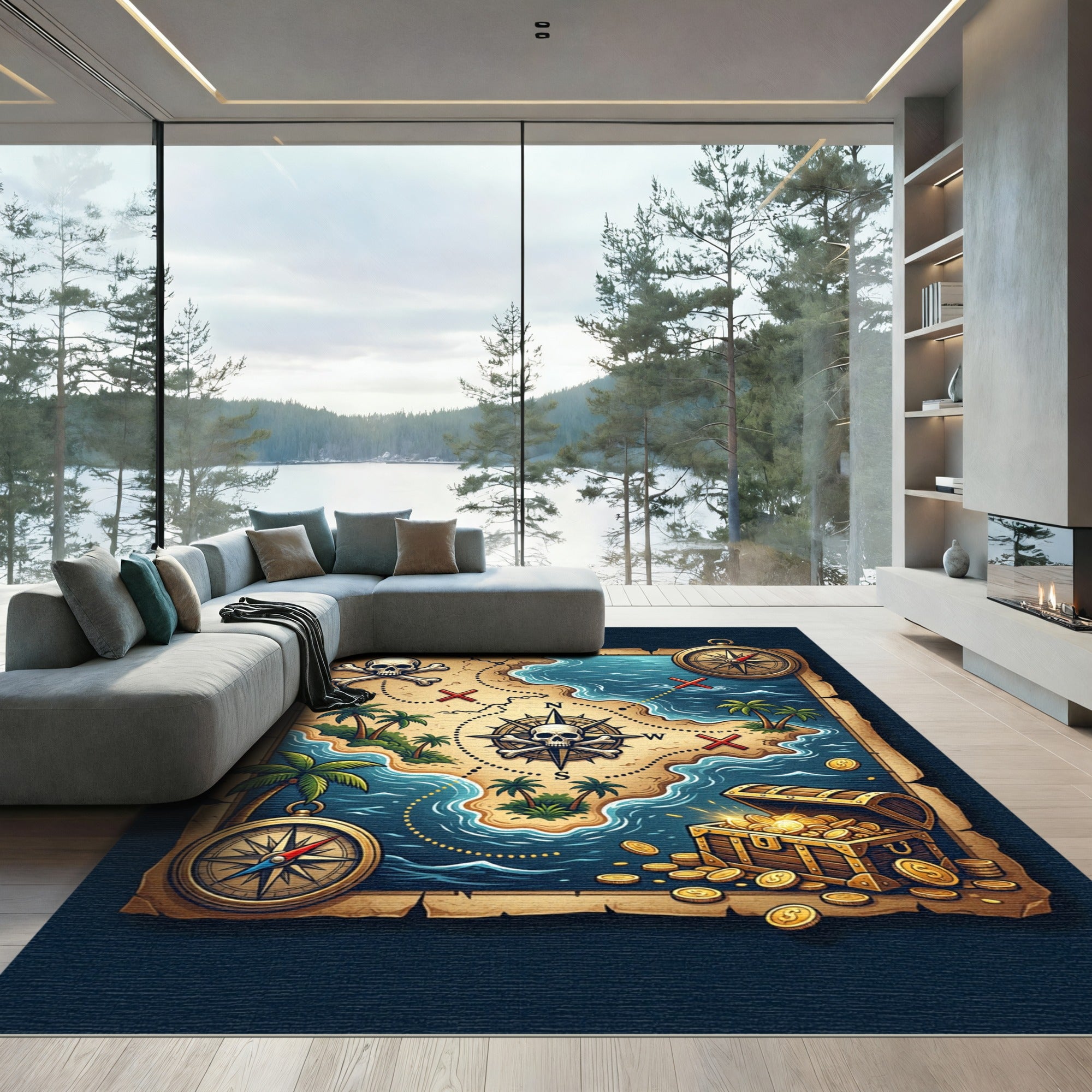Aged Pirate Map Skull Treasure Chest Rug