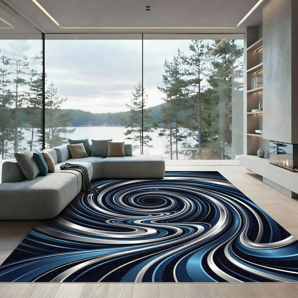 Modern Metallic Blue Swirling Vortex Rug
