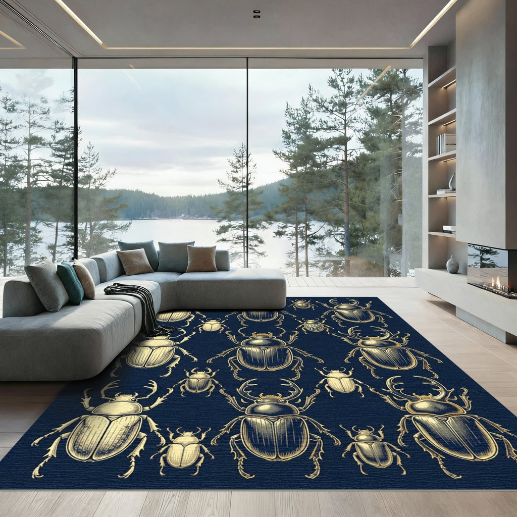 Vintage Golden Beetle Illustration Dark Navy Rug