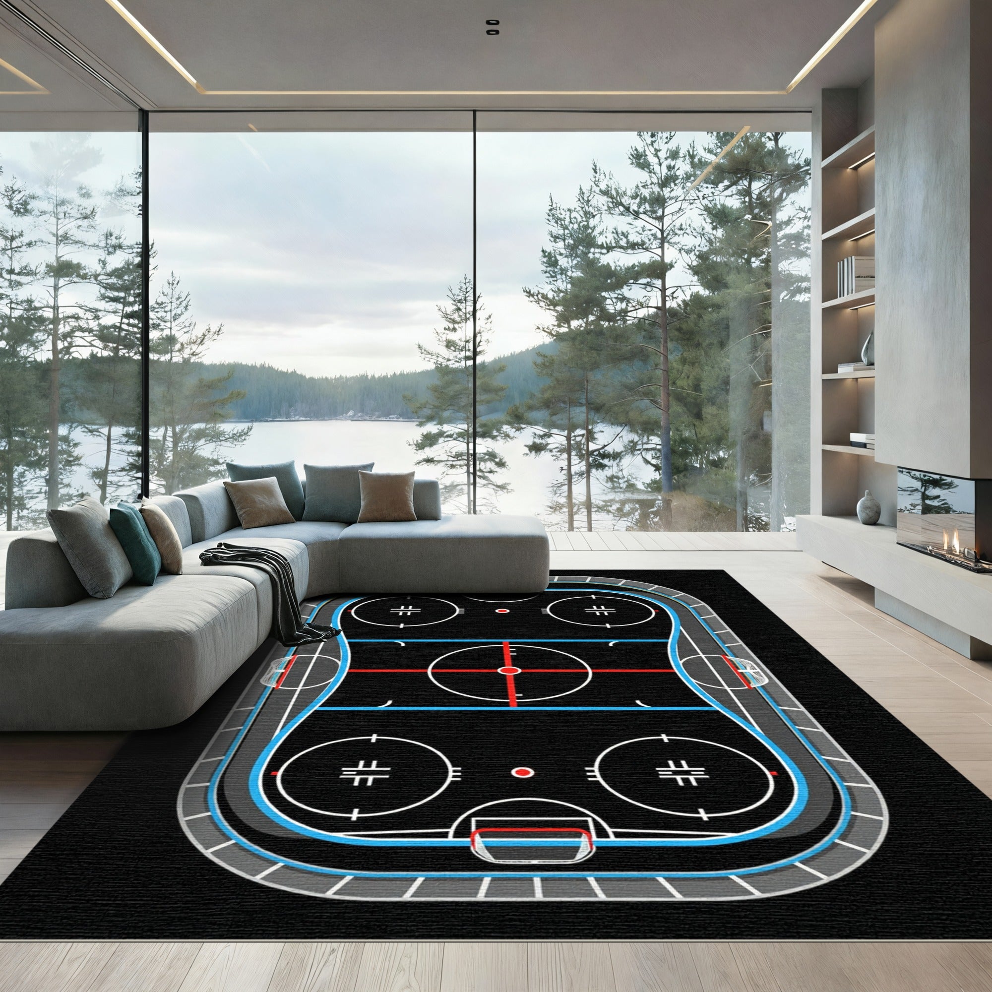 Modern Black Ice Hockey Rink Rug