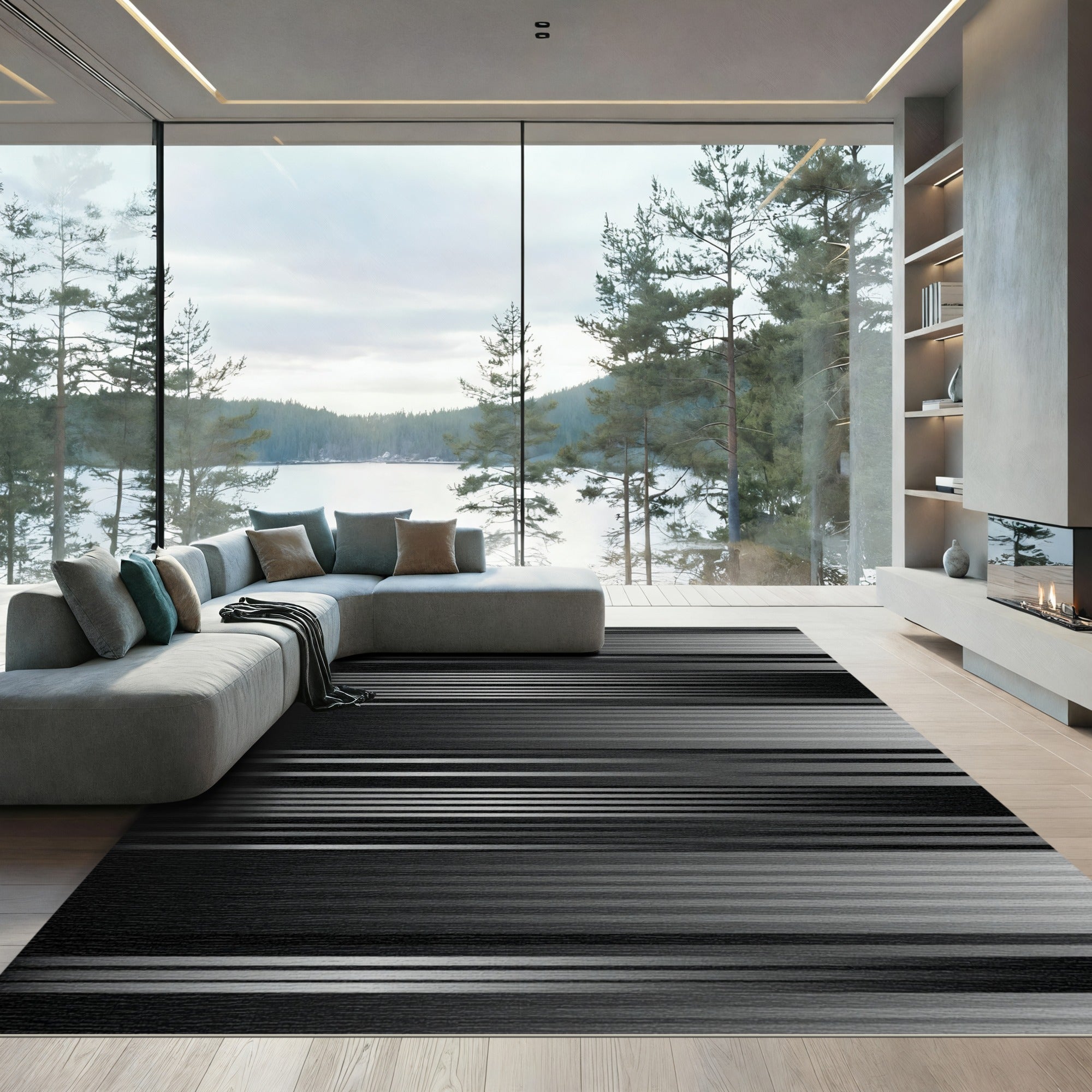 Modern Gray Horizontal Stripe Weave Rug