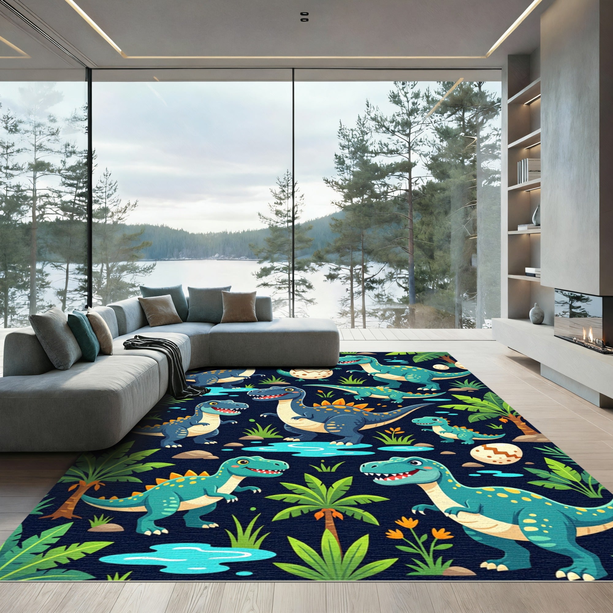 Playful Teal Dinosaur Jungle Habitat Rug