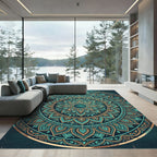 Teal and Gold Radiant Lotus Mandala Rug
