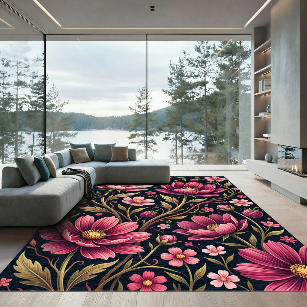 Elegant Pink Cosmos Berry Botanical Art Rug