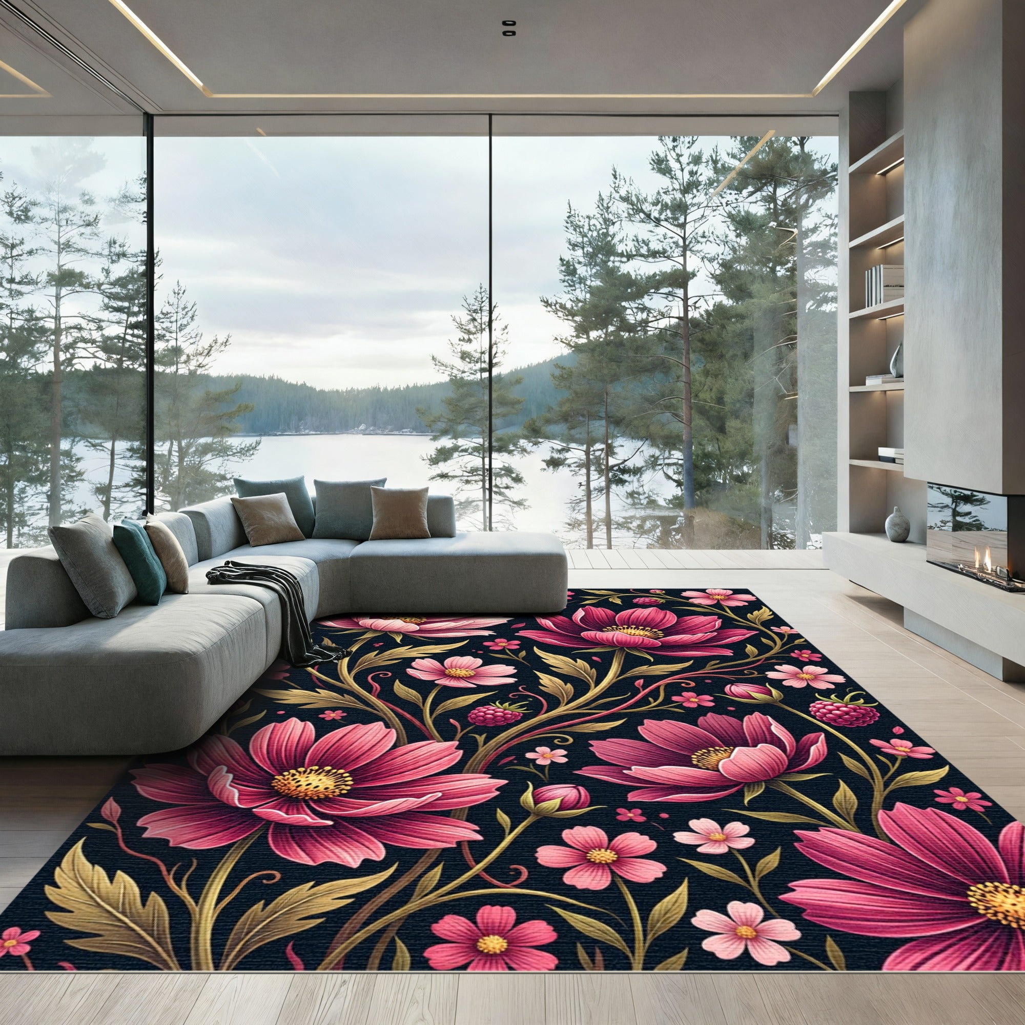 Elegant Pink Cosmos Berry Botanical Art Rug