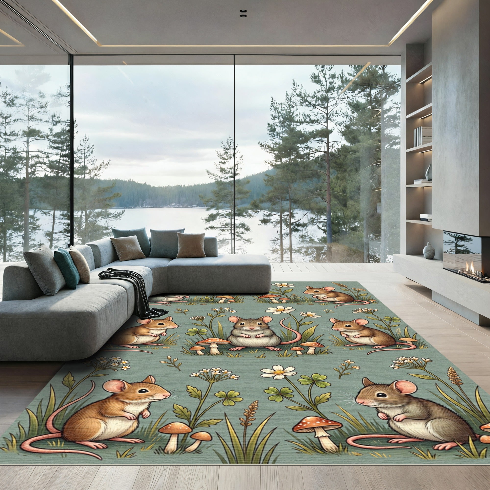 Whimsical Sage Mouse and Mushroom Garden Rug