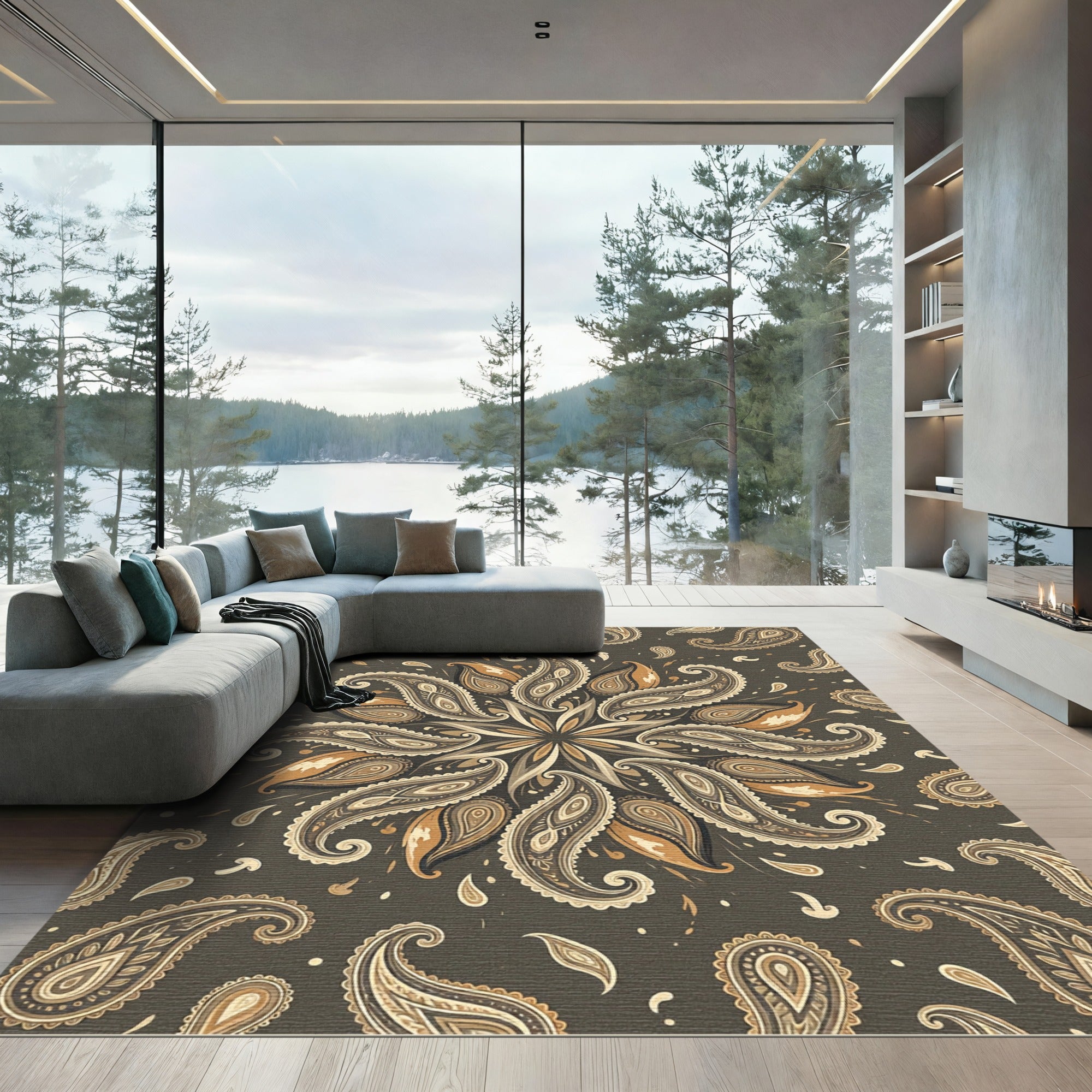 Earthy Brown Paisley Floral Mandala Rug