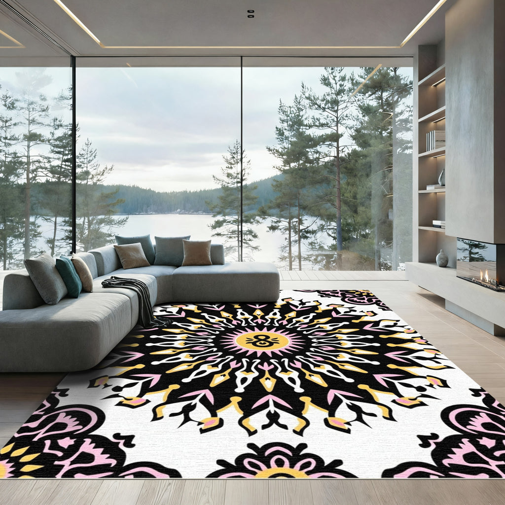 Vibrant Black Pink Sunburst Mandala Rug
