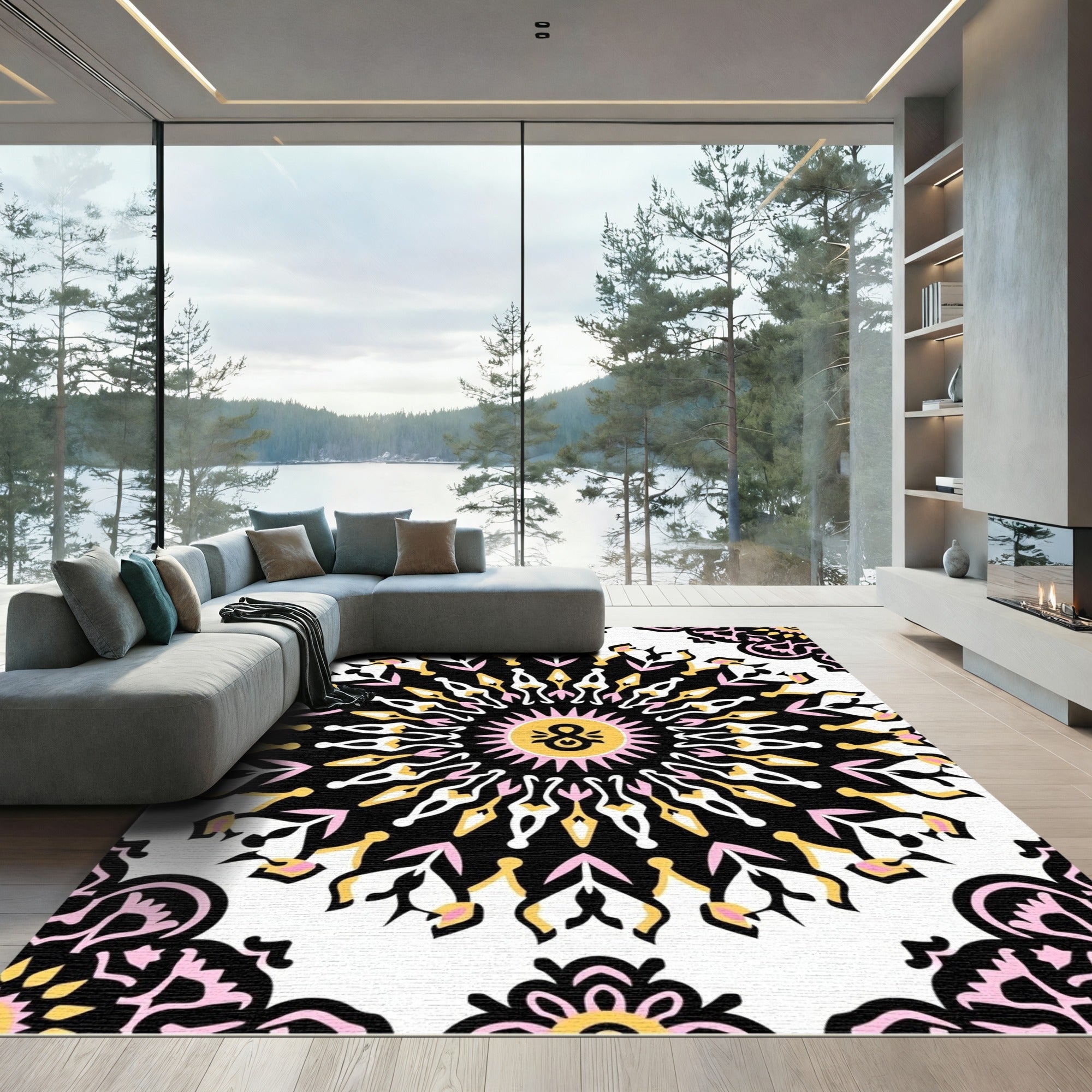 Vibrant Black Pink Sunburst Mandala Rug