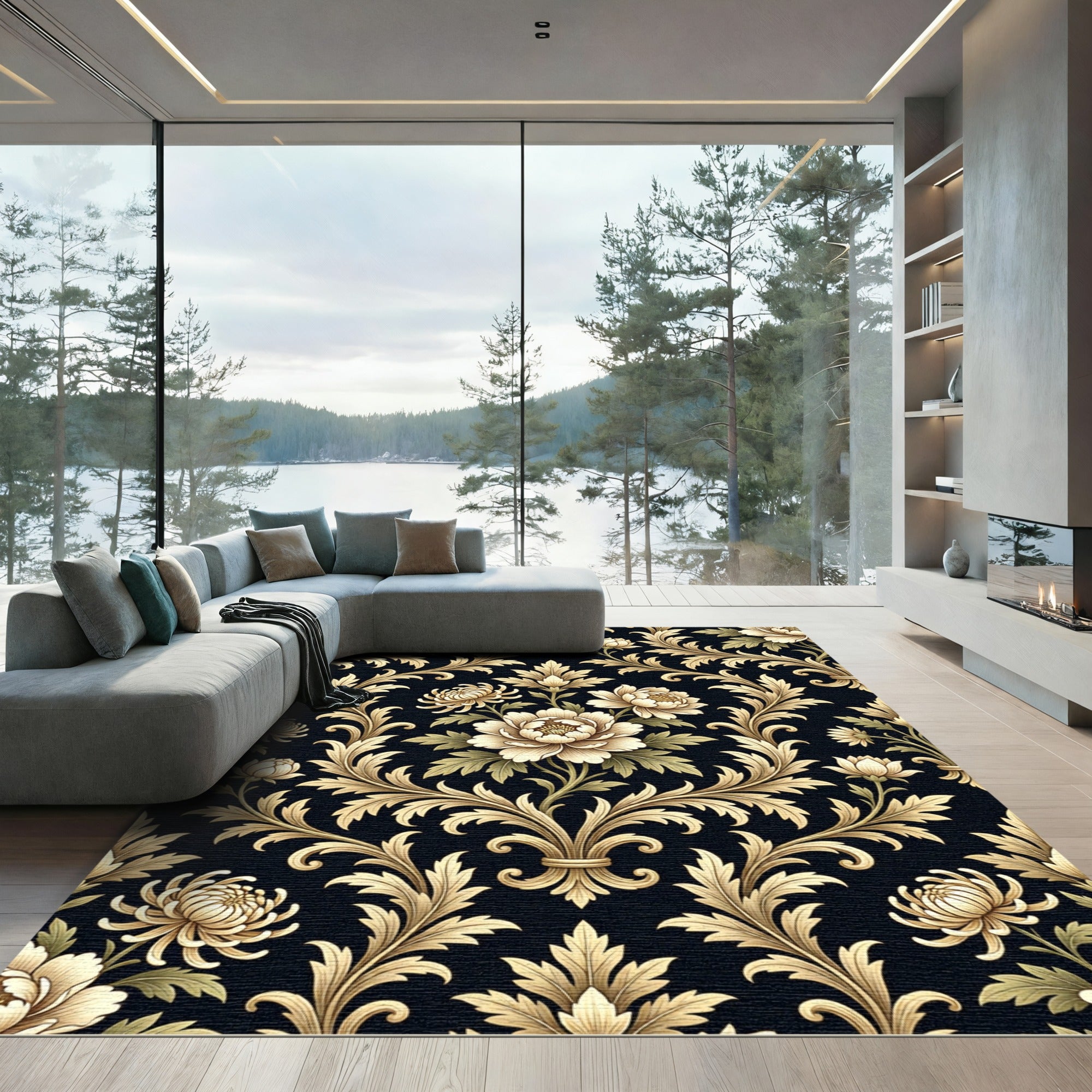 Ornate Gold Floral Damask Rug