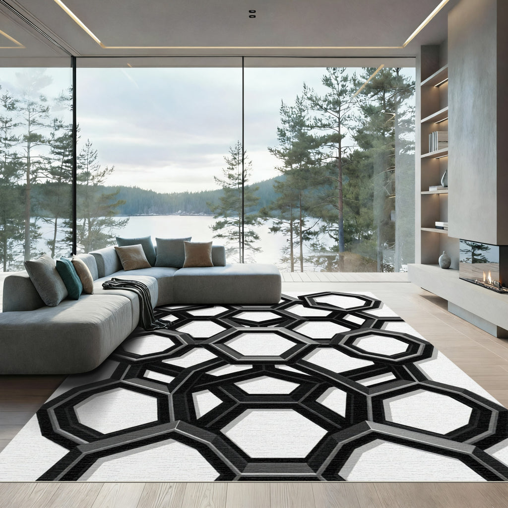 Modern Black Geometric Hexagon Arrangement Rug