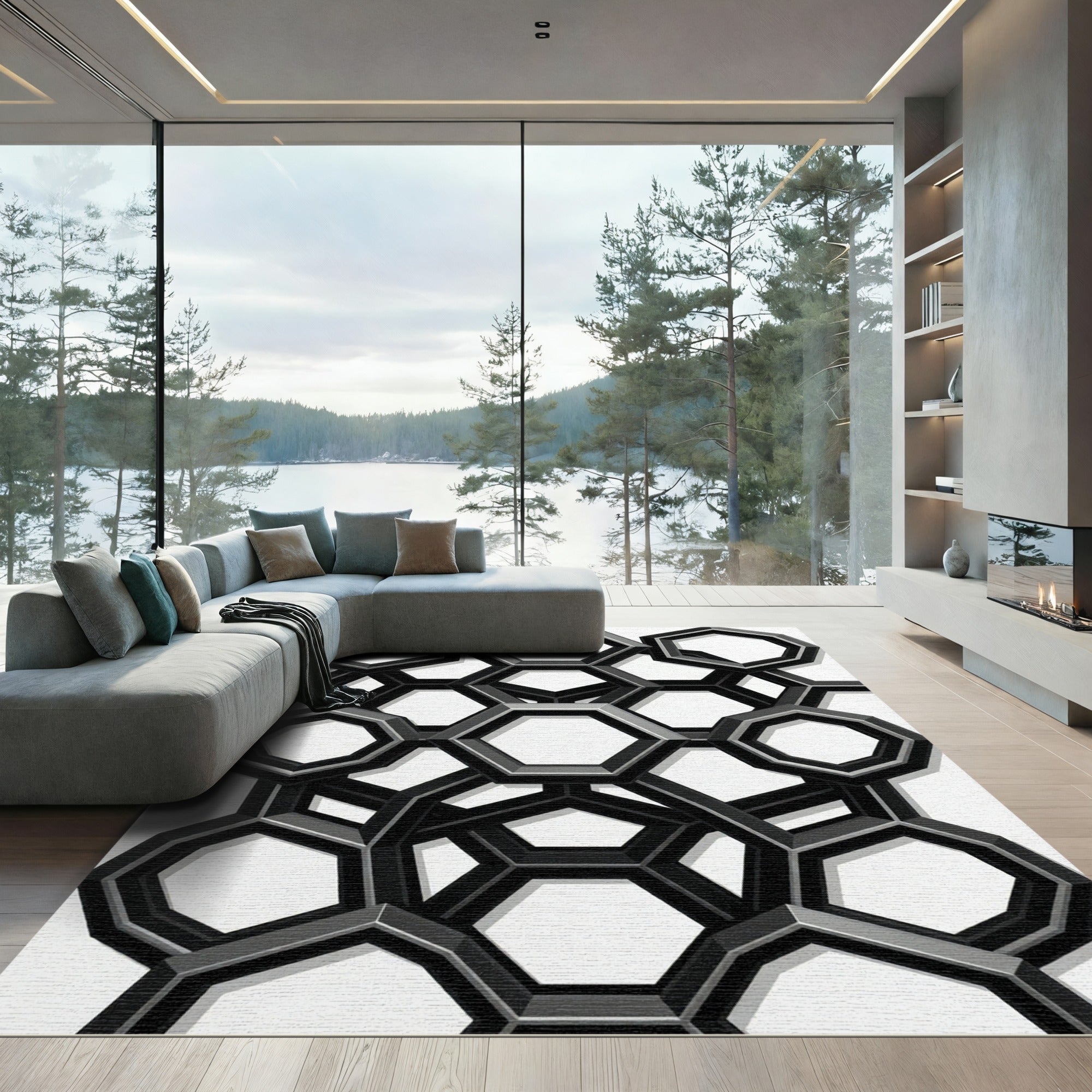 Modern Black Geometric Hexagon Arrangement Rug