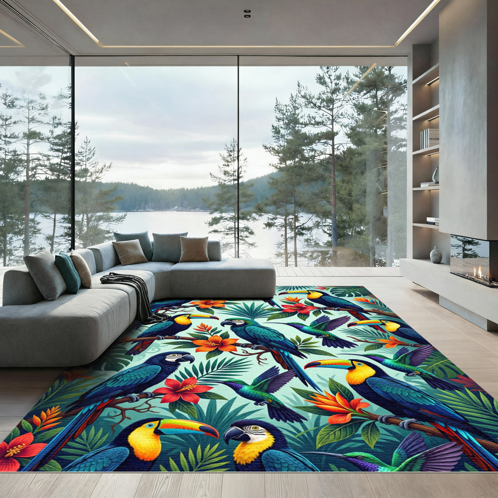 Vibrant Tropical Toucan Parrot Jungle Foliage Rug