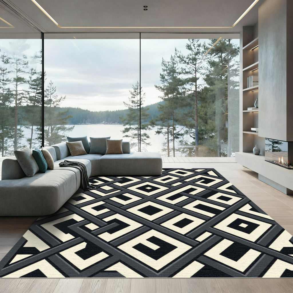 Modern Monochrome Interlocking Geometric Square Art Rug