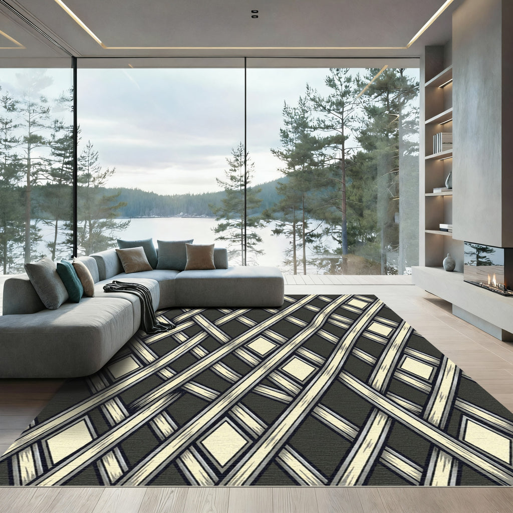 Dark Gray Cream Lattice Diamond Rug