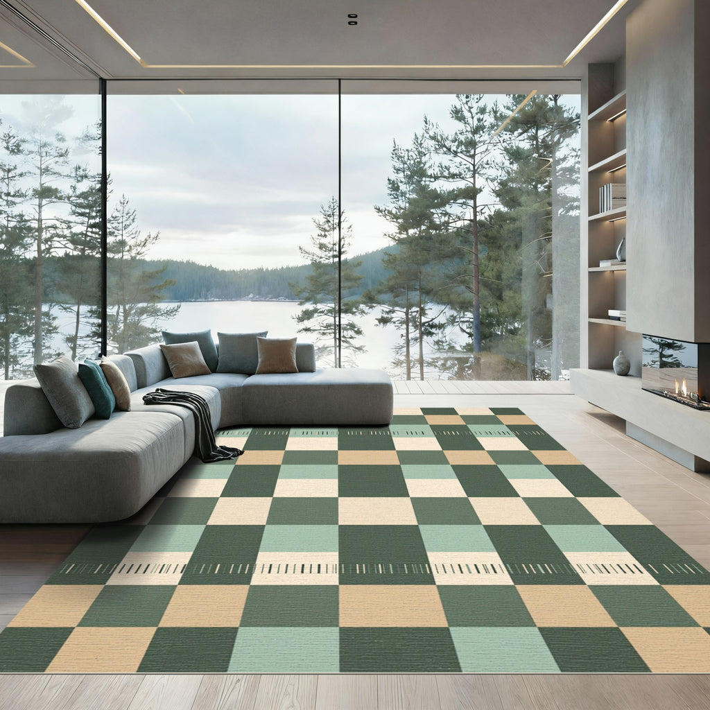 Sage and Sand Geometric Checkered Tile Rug