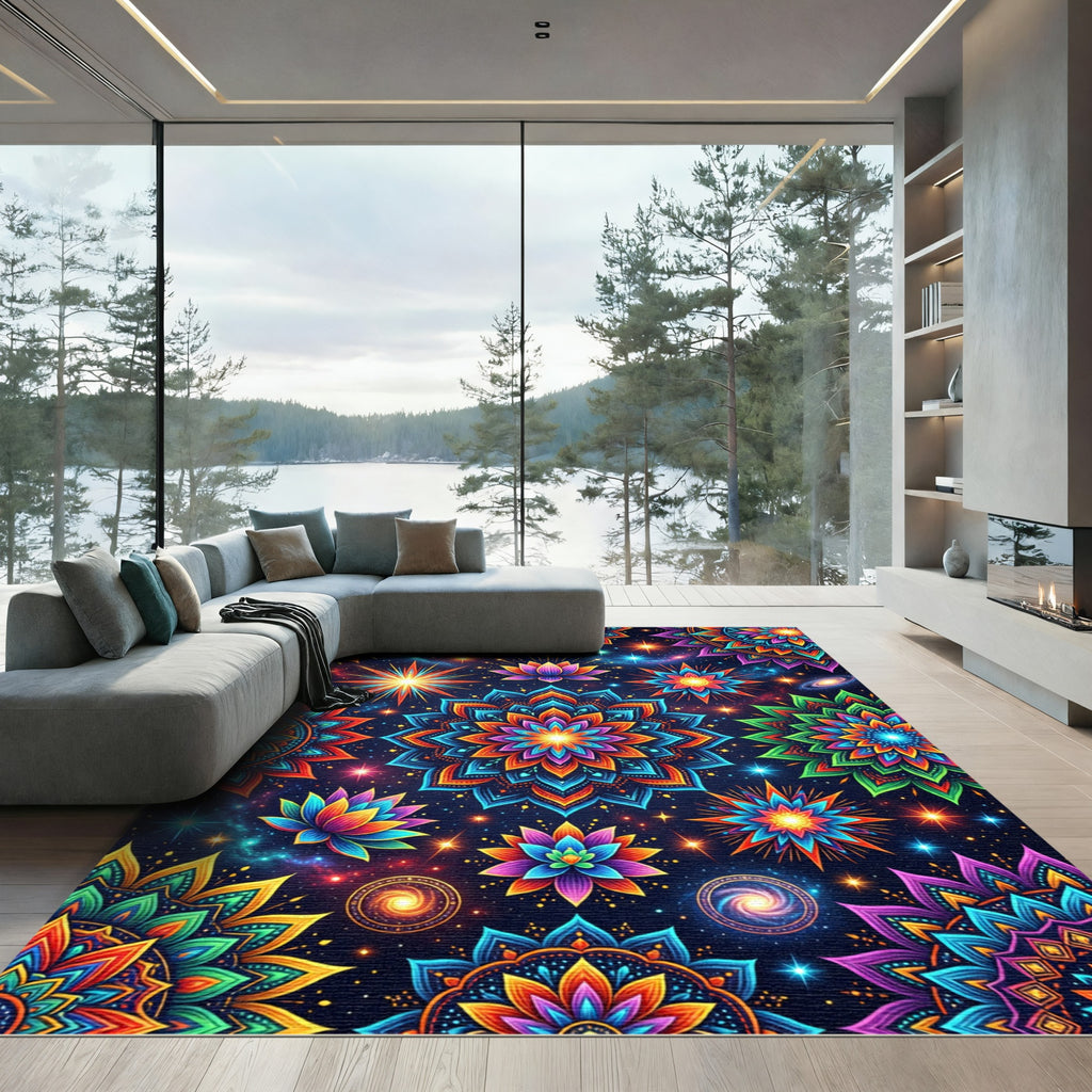 Vibrant Cosmic Lotus Mandala Rug