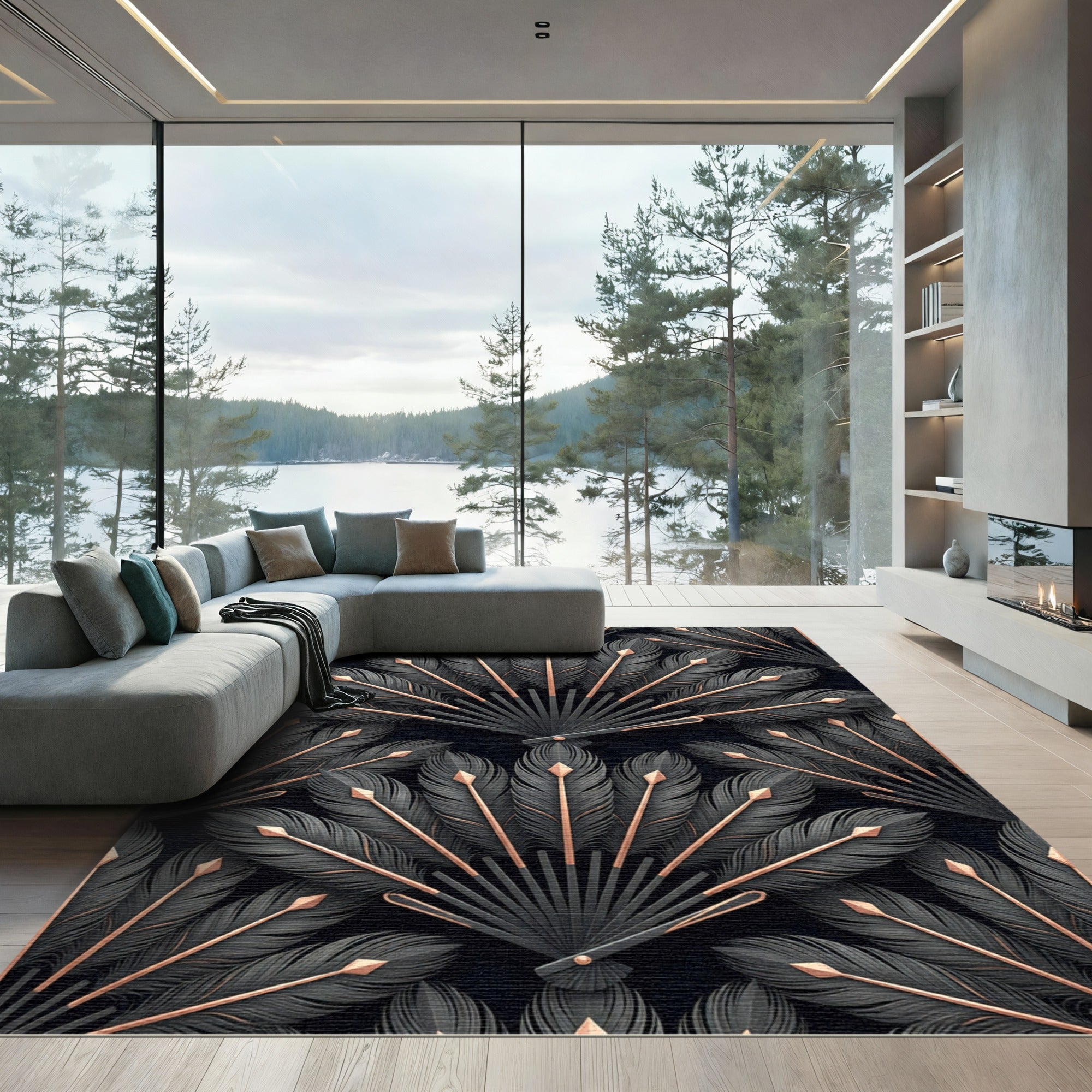 Art Deco Black Feather Fan Accent Rug