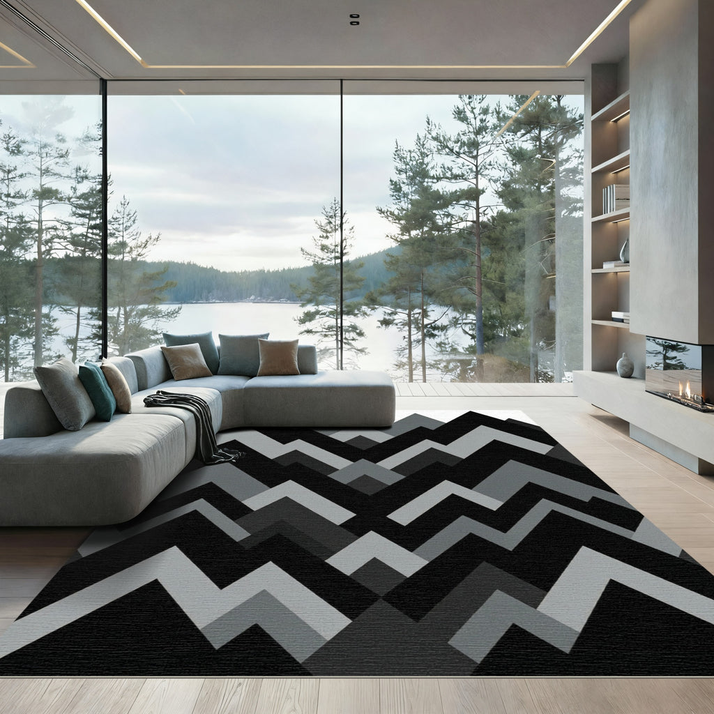 Modern Monochrome Gray Geometric Chevron Rug