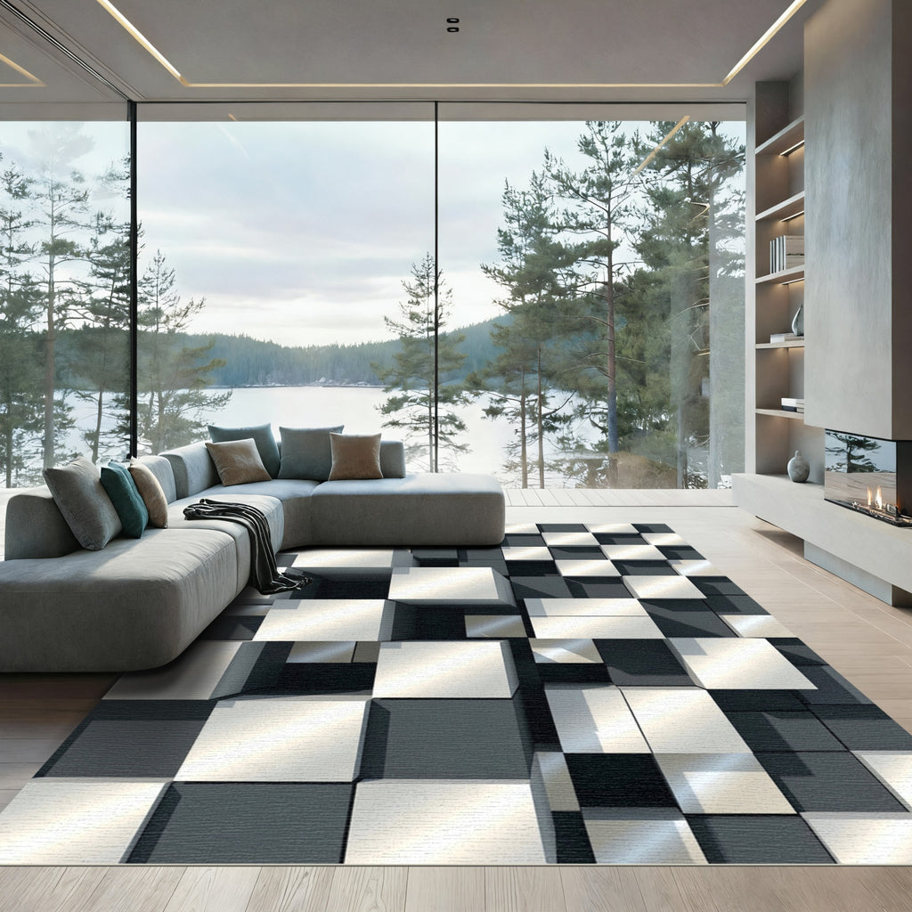 Modern Silver Gray Cube Illusion Rug