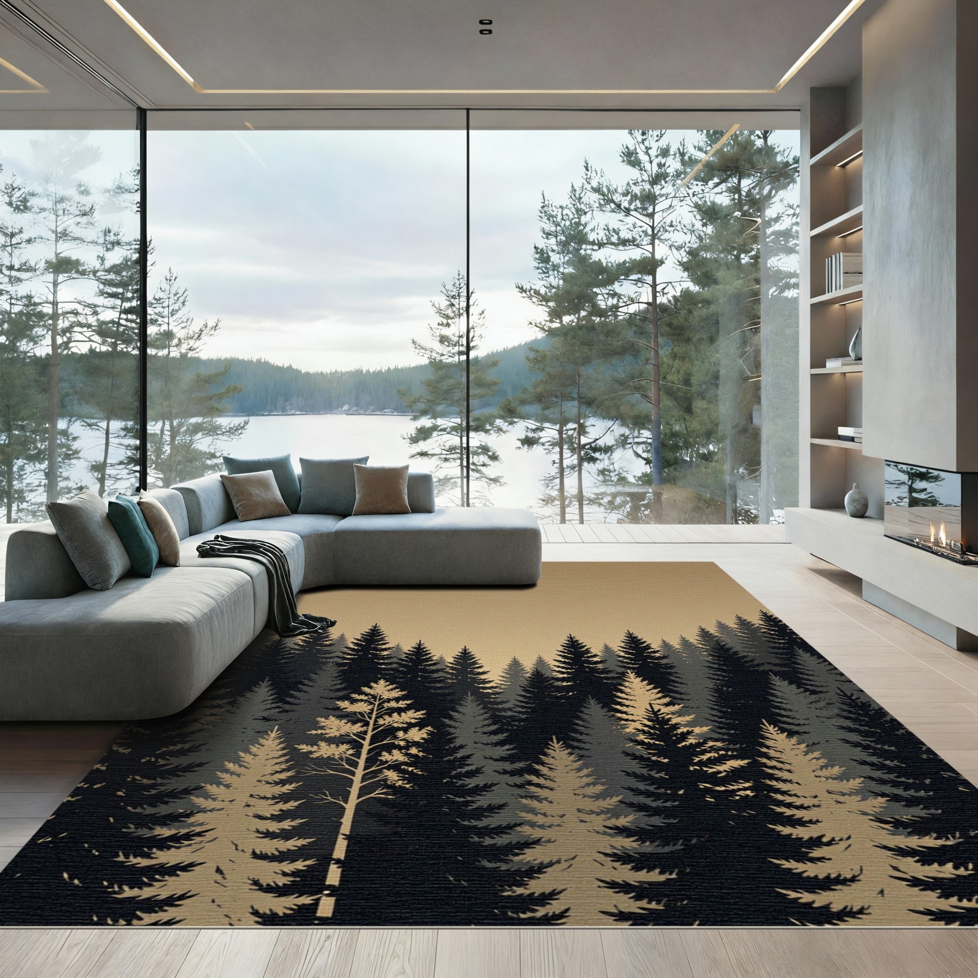 Serene Evergreen Forest Silhouette Landscape Rug