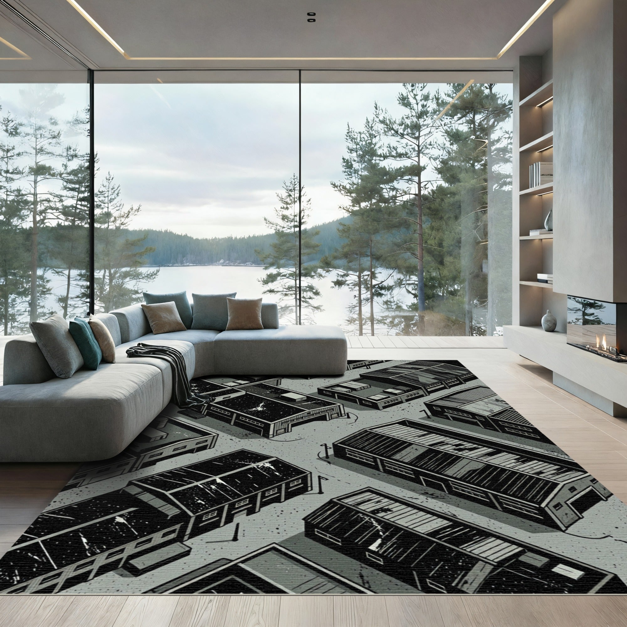Industrial Monochrome Isometric Warehouse Landscape Rug