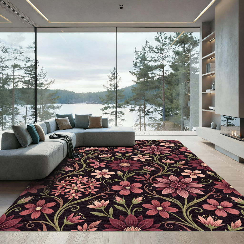 Dark Burgundy Floral Moody Botanical Illustration Rug