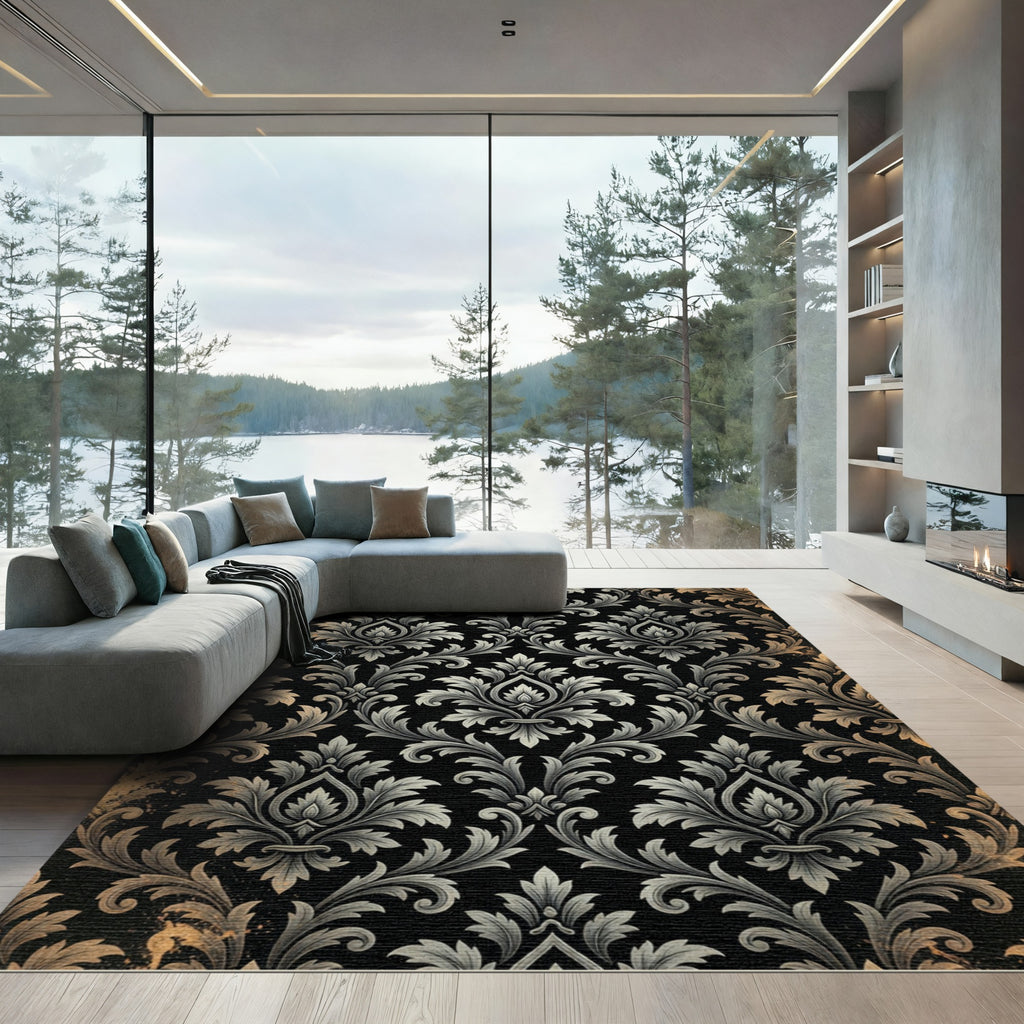 Ornate Black Gold Flourish Damask Rug