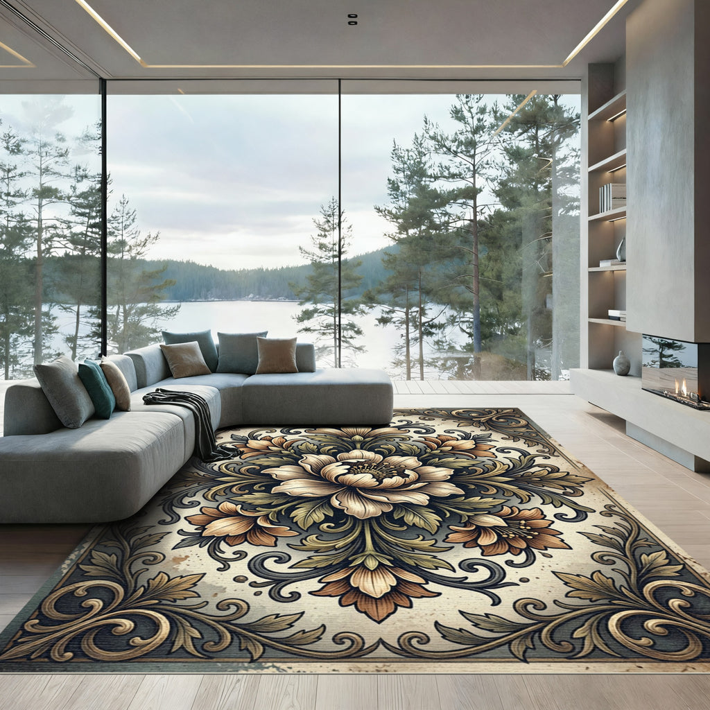 Vintage Neutral Floral Baroque Medallion Rug