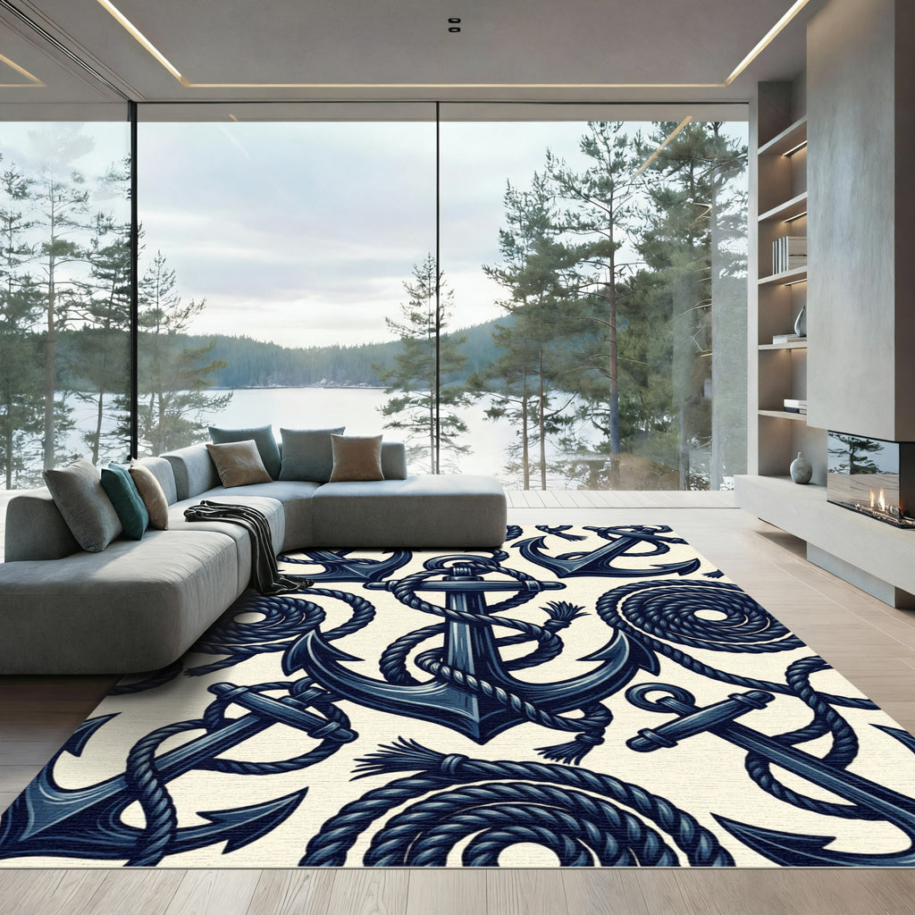 Nautical Navy Blue Anchor Rope Rug