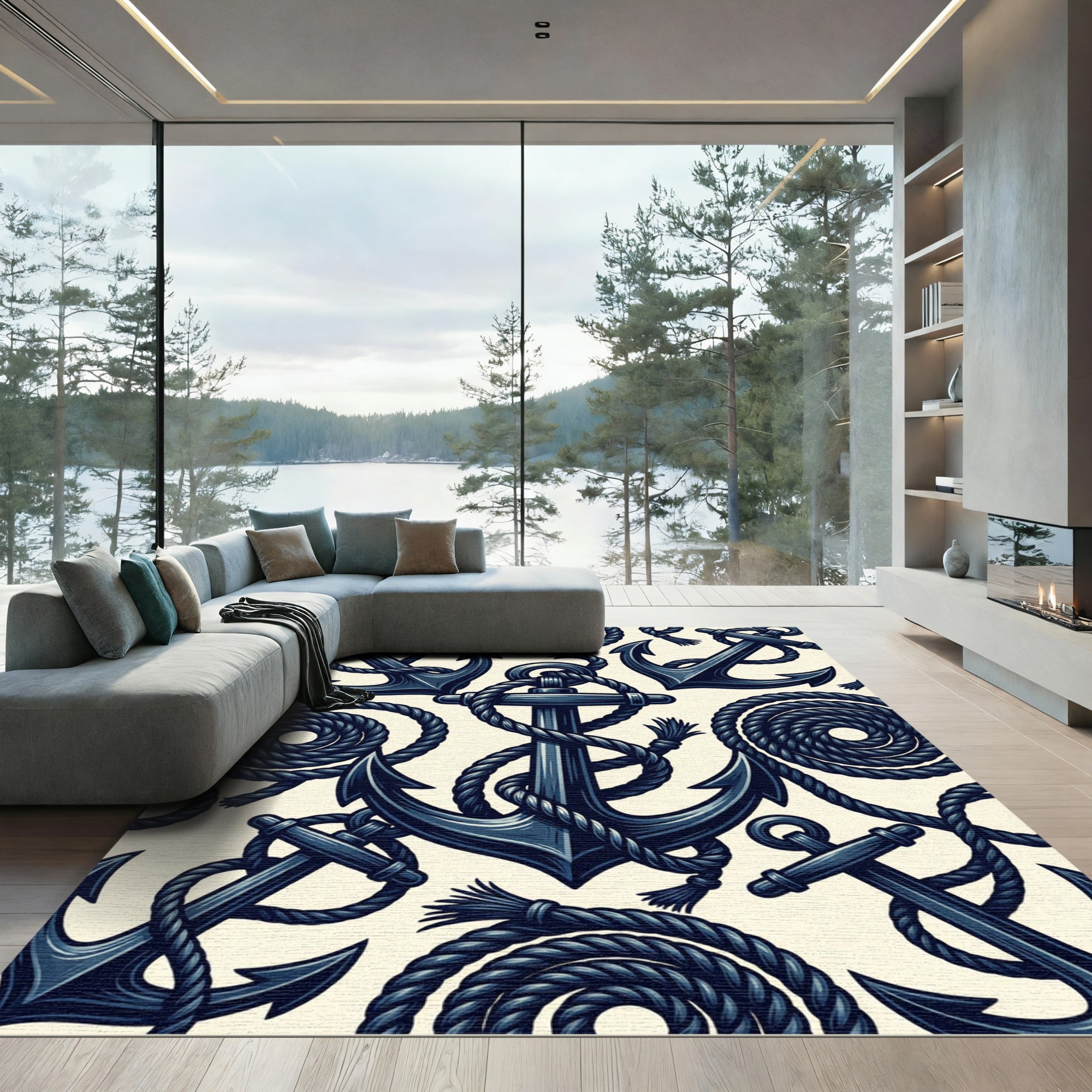 Nautical Navy Blue Anchor Rope Rug