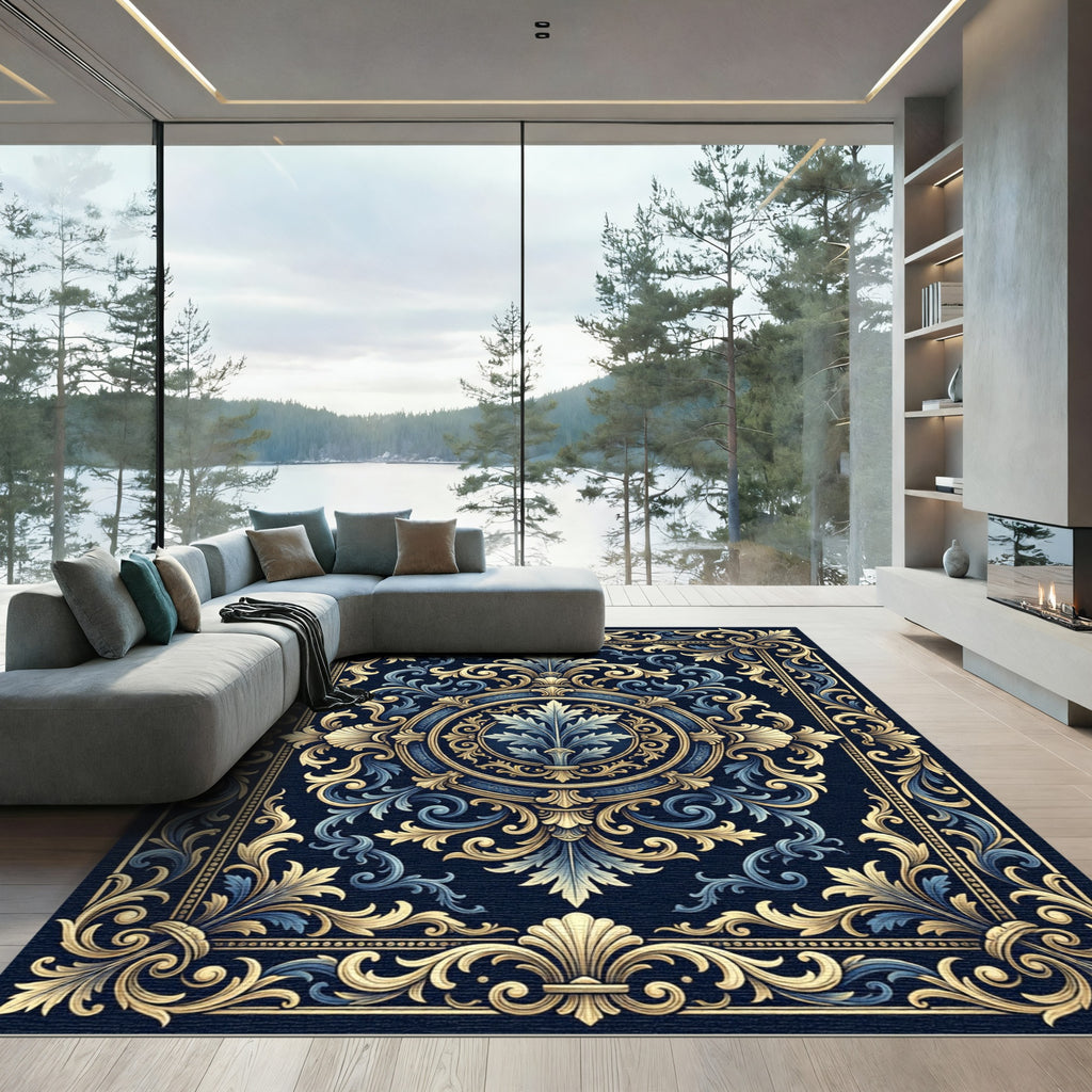 Elegant Navy Gold Baroque Floral Medallion Rug
