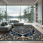 Elegant Navy Gold Baroque Floral Medallion Rug