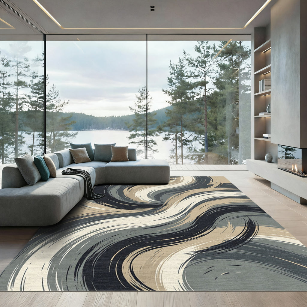 Modern Charcoal Beige Abstract Swirl Rug