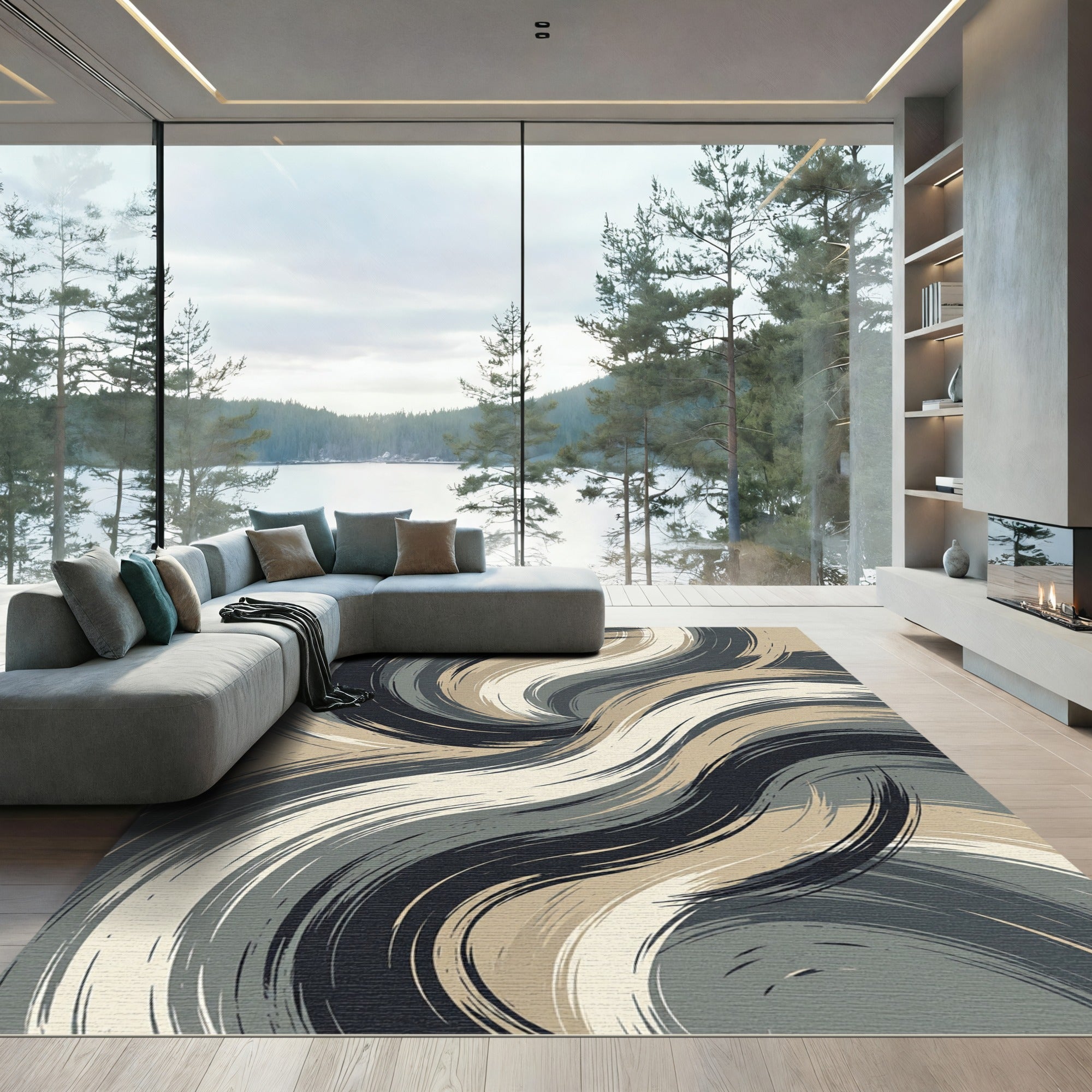 Modern Charcoal Beige Abstract Swirl Rug
