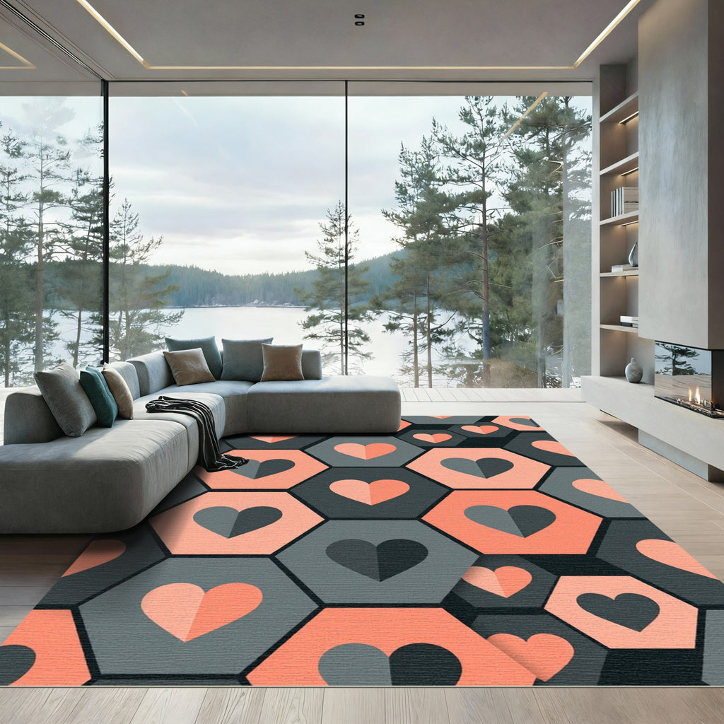 Geometric Hexagon Heart Graphic Peach Gray Rug