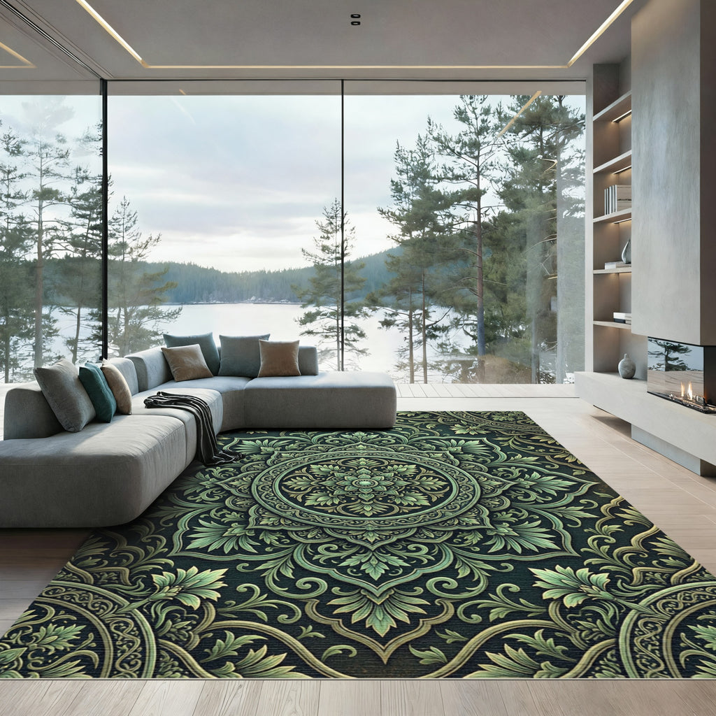 Emerald Green Floral Mandala Rug