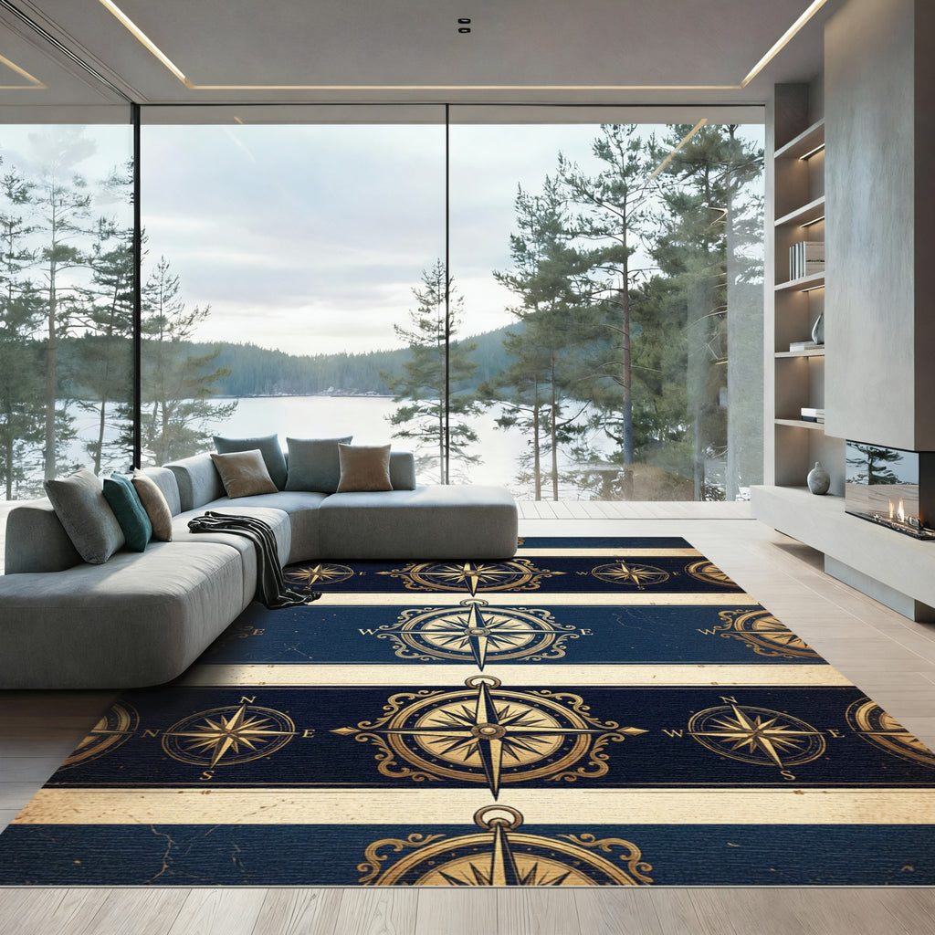 Vintage Gold Compass Navigation Stripe Rug