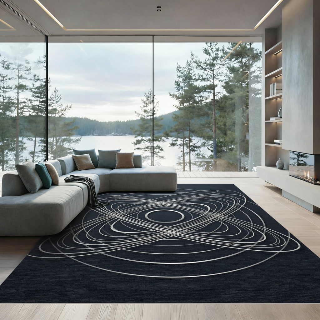 Silver Orbital Abstract Geometric Rug