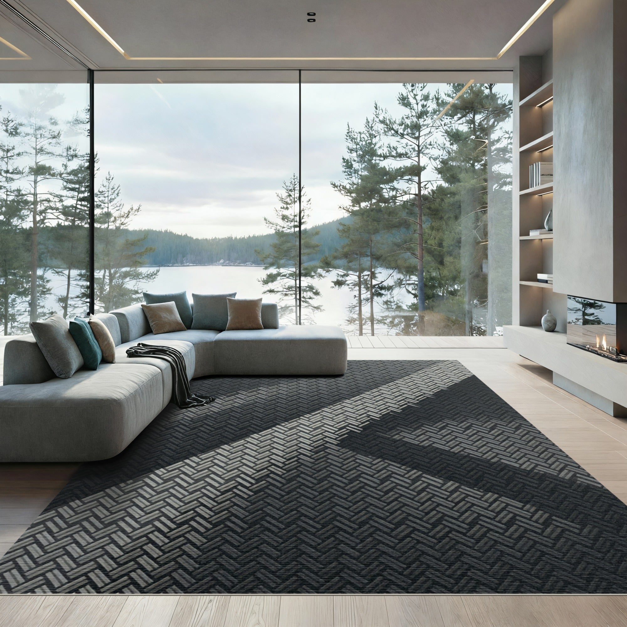 Modern Monochrome Geometric Interlocking Grid Rug