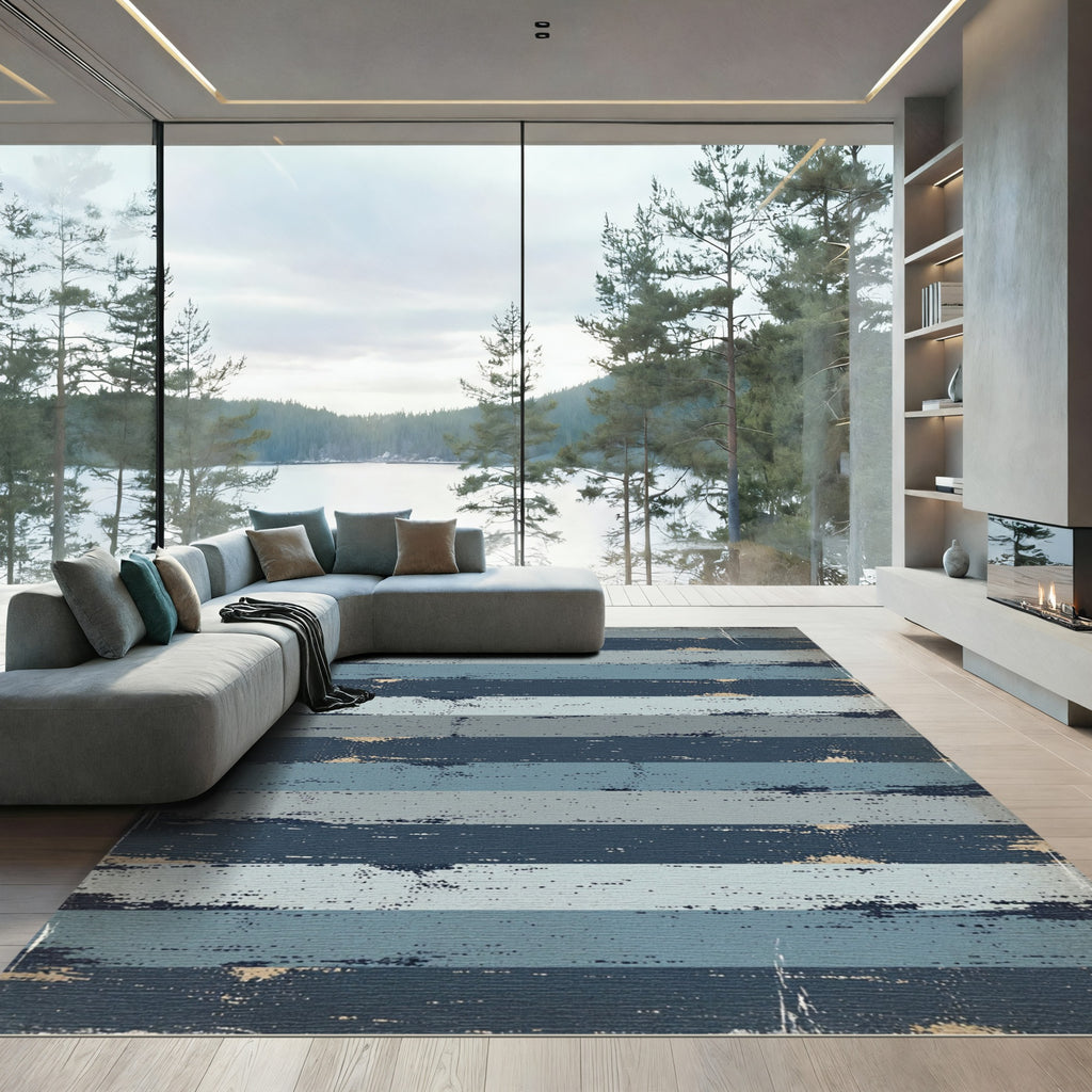 Distressed Navy and Faded Blue Stripe Rug