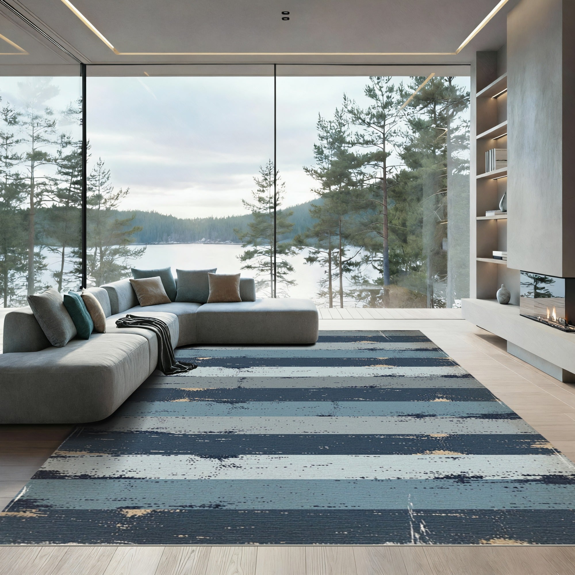Distressed Navy and Faded Blue Stripe Rug