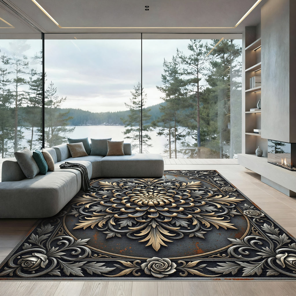 Ornate Metallic Gold and Silver Chrysanthemum Rug