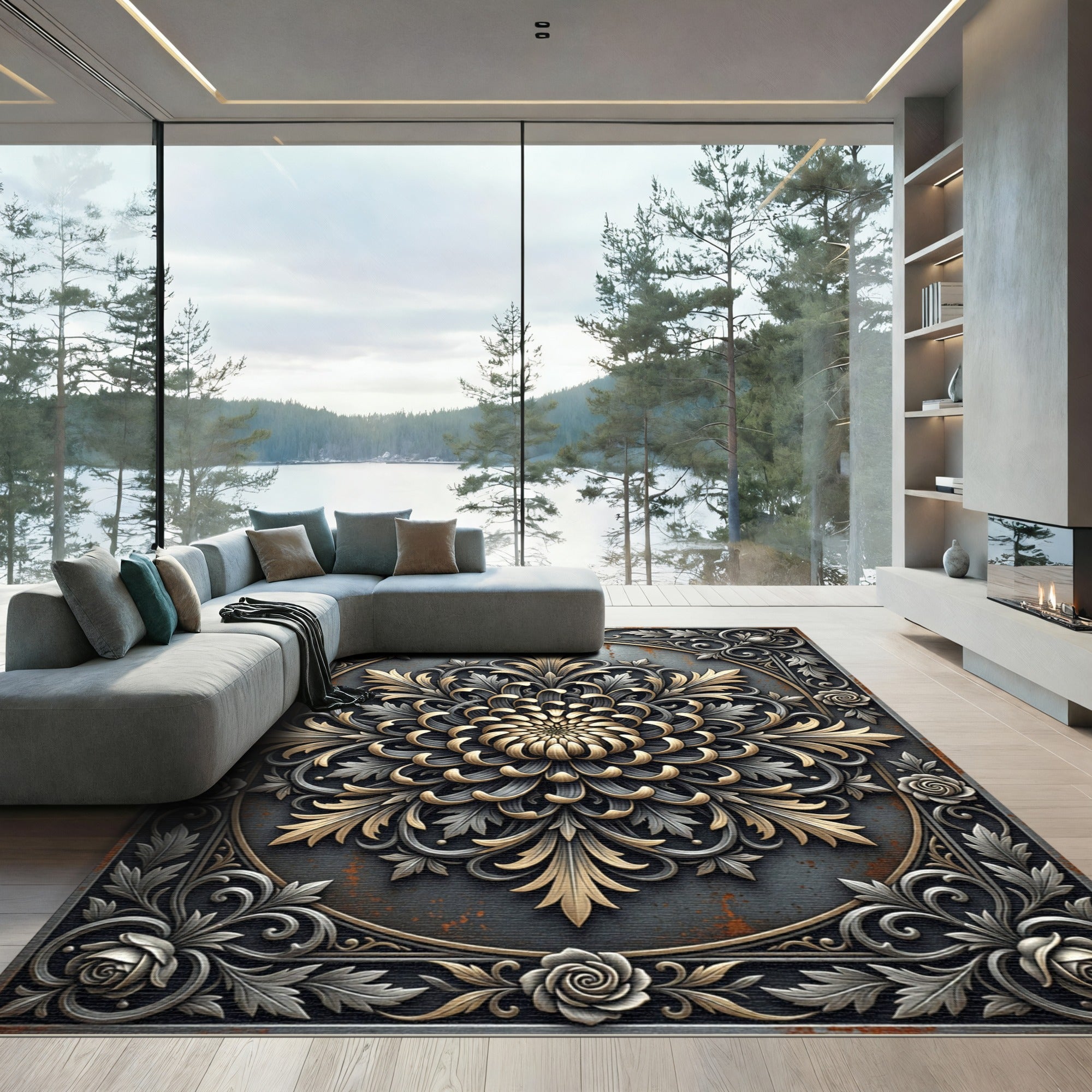 Ornate Metallic Gold and Silver Chrysanthemum Rug