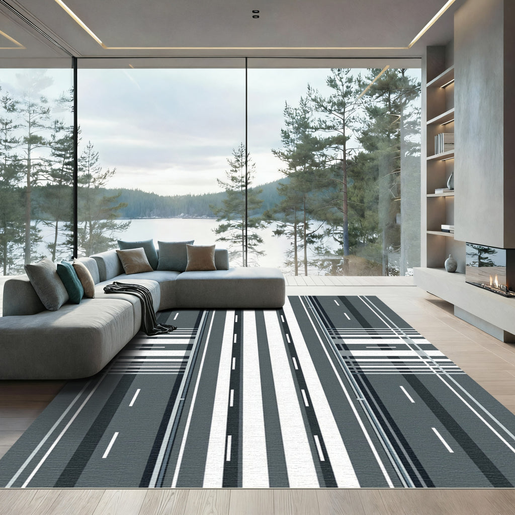 Modern Linear Monochrome Geometric Plaid Rug