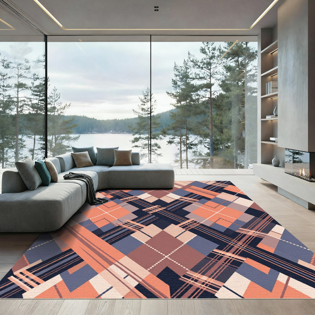 Coral Navy Diamond Intersecting Lines Rug